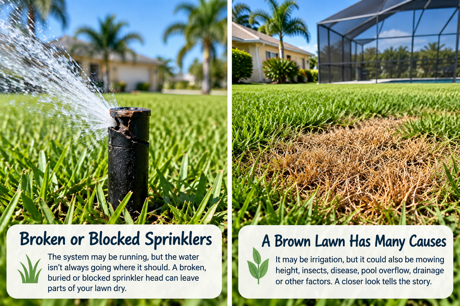 Broken sprinkler spraying unevenly beside a brown patch in a Florida lawn